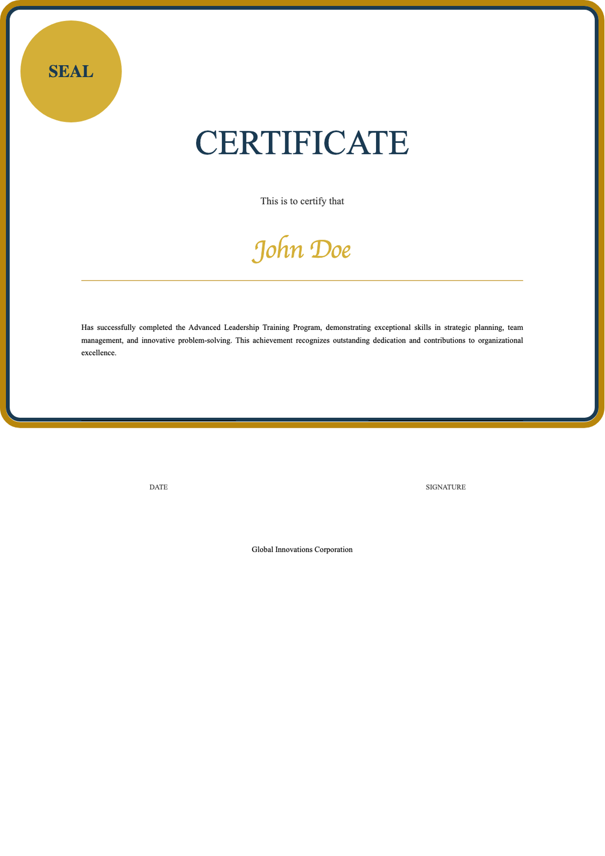 Elegant certificate template with gold seal and navy blue accents_variant_1